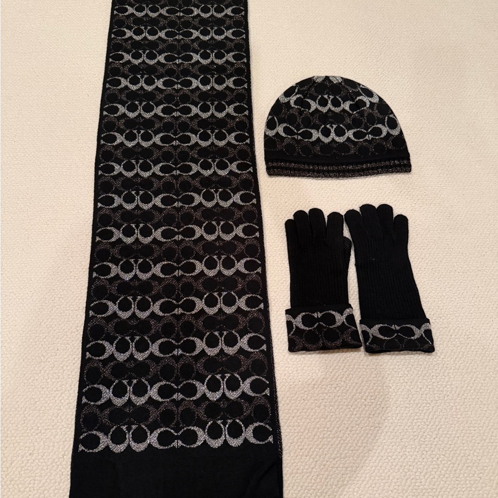 Signature Black & Metallic Knit Scarf, Beanie and Gloves New w/out tags